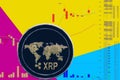Coin cryptocurrency xrp on chart and yellow blue neon background.
