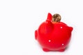 Coin 1 dollar in a hole in a red piggy bank on a white background. Savings concept. The stability of the national Royalty Free Stock Photo