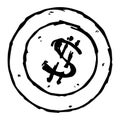 Coin with a dollar sign hand drawn. Vector illustration of a dollar coin. Royalty Free Stock Photo