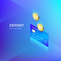 Coin drops into credit card isometric banner. Banking or payment service. Deposit replenishment and saving money. Vector Royalty Free Stock Photo
