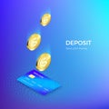 Coin drops into credit card isometric banner. Banking or payment service. Deposit replenishment and saving money. Vector