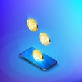 Coin drops into mobile phone isometric banner. Online banking or payment service. Deposit replenishment and saving money. Vector