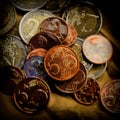 Coin of five euro cents lies on the background of coins. Euro mo Royalty Free Stock Photo