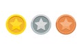 Coin game medal with the star icon. Gold, silver and bronze medal. 1st, 2nd and 3rd places award. Vector on isolated white