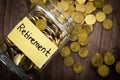 Coin glass jar container on wooden desk, retirement saving concept