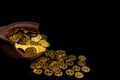 Coin gold in lady hand on lots stacking golden coins in broken jar white background