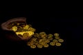 Coin gold in lady hand on lots stacking golden coins in broken jar white background