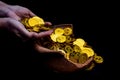 Coin gold in lady hand on lots stacking golden coins in broken jar white background, Money stack for business planning investment Royalty Free Stock Photo