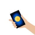 Coin gold logo Libra Calibra currency in smart phone screen, Hand holding a smartphone and Libra Calibra golden coin with logo for