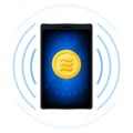 Coin gold realistic logo Libra Calibra currency in smart phone screen, Libra Calibra golden coin in mobile smart phone with mobile