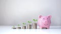 Coin graph shows financial growth and growing trees on coin stacks, including piggy bank, money saving ideas.