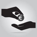 Coin in hand icon. Euro currency sign. Royalty Free Stock Photo