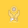 coin, hand, stack, dollar, income Flat Line Filled Icon. Beautiful Logo button over yellow background for UI and UX, website or Royalty Free Stock Photo