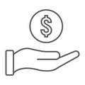 Coin in hand thin line icon, e commerce