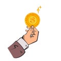 Coin in hand. Vector illustration sketch design. Holding money in palm human