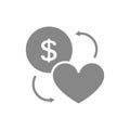 Coin and heart grey icon. Exchange symbol.