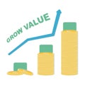 Coin icon in flat design. Gold coin symbol. Concept of income with arrow up. Grow value euro and dollar symbol.
