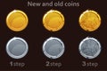 Coin icon. Vector Gold and silver coins. 3 steps of drawing a coin from new to old.
