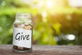 Coin in jar with give text natural background. Charity Concept