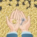 Coin and Key in hands - Bitcoin concept Royalty Free Stock Photo