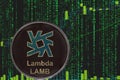 Coin LAMB Lambda cryptocurrency on the background of binary crypto matrix text and price chart.