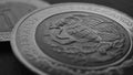 Coin of 5 Mexican pesos close-up. Peso of Mexico. Reverse of coin with coat of arms of country. Eagle and snake. Black and white Royalty Free Stock Photo