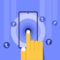 Index finger touching a mobile that initiates digital money transaction Royalty Free Stock Photo
