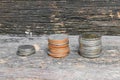 Coin money stacks on wooden floor background Royalty Free Stock Photo