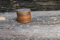 Coin money stacks on wooden floor background Royalty Free Stock Photo