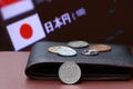 The coin of one hundred Japanese Yen money and the coins on black leather wallet on brown floor with digital board of currency