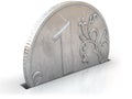 Coin one ruble falls piggy bank slot on white