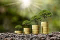 Coin pile with tree growing on top of coin.