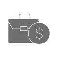 Coin with portfolio, money and stock portfolio, investing grey fill icon. Finance, payment, invest finance symbol design