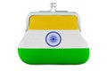 Coin purse with Indian flag. Budget, investment or financial, banking concept in India. 3D rendering