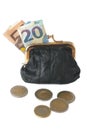 Coin purse isolated with banknotes and coins Royalty Free Stock Photo