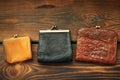 Coin purse on a wooden background Royalty Free Stock Photo