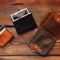 Coin purse on a wooden background Royalty Free Stock Photo
