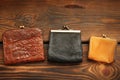 Coin purse on a wooden background Royalty Free Stock Photo