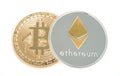 Coin of Silver Ethereum and golden bitcoin isolated on white background