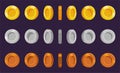 Coin sprite sheet. A set of gold, silver and bronze coins on a purple background. Animation for computer games. Vector illustratio