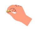 Coin squeezed in fingers. Hand holding money, change. Gold dollar cent in arm, financial icon. Finance, bonuses