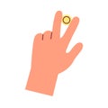 Coin squeezed between index and middle fingers icon. Hand holding abstract gold change, penny. Money bonuses, financial
