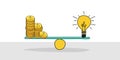 Coin stack compare light bulb idea on wood scale seesaw on blue background. financial investment, saving money, think exchange