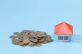 Coin stacks and house model, mortgage and real estate investment, for saving or investment for a house Royalty Free Stock Photo