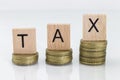 Coin stacks with letter dice - Tax Royalty Free Stock Photo