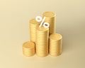 Coin stacks with percent sign. Financial growth concept. Money growing concept. 3d rendering.