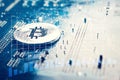 Coin symbol bitcoin on mother board Blockchain , cryptocurrencies , bitcoin and distributed ledger technology concept Royalty Free Stock Photo