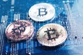 Coin symbol bitcoin on mother board Blockchain , cryptocurrencies , bitcoin and distributed ledger technology concept Royalty Free Stock Photo
