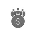 Coin with team, business team, user group grey fill icon. Finance, payment, invest finance symbol design.