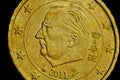 Coin ten euro cent macro isolated on black background. Detail of metallic money close up. EU money Royalty Free Stock Photo